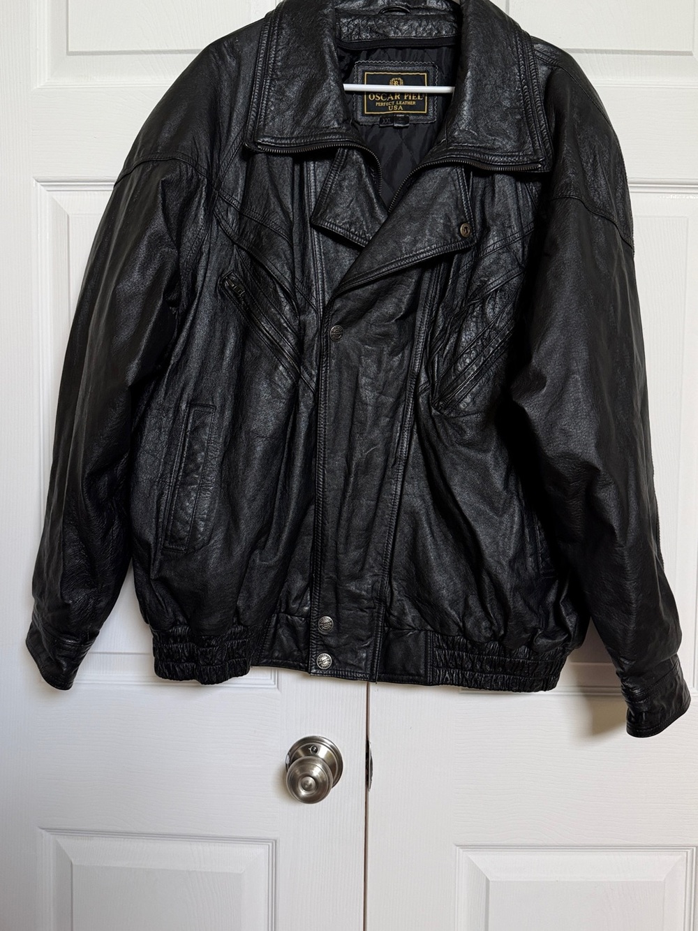 Vintage Oscar Piel Men’s XXL Black Genuine Leather Bomber Jacket 80s 90s - Picture 2 of 13